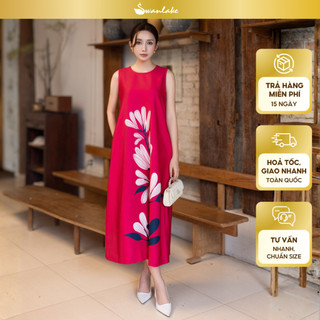 SWANLAKE | Váy Đầm Nữ Maxi Suông Cổ Tròn Sát Nách In Hoa Vải Lụa Dày Đi Biển Du Lịch Hè D12095