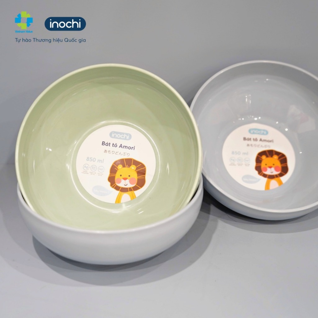 Bát nhựa ăn dặm cho bé 850ml Inochi Amori nhựa nguyên sinh kháng khuẩn Ag+ loại lớn, an toàn cho bé