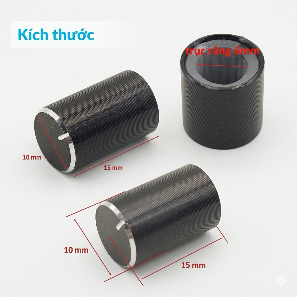 núm chiết áp nhôm CNC đen KT: 10*15mm - Trục tròn 6mm (Set 2)