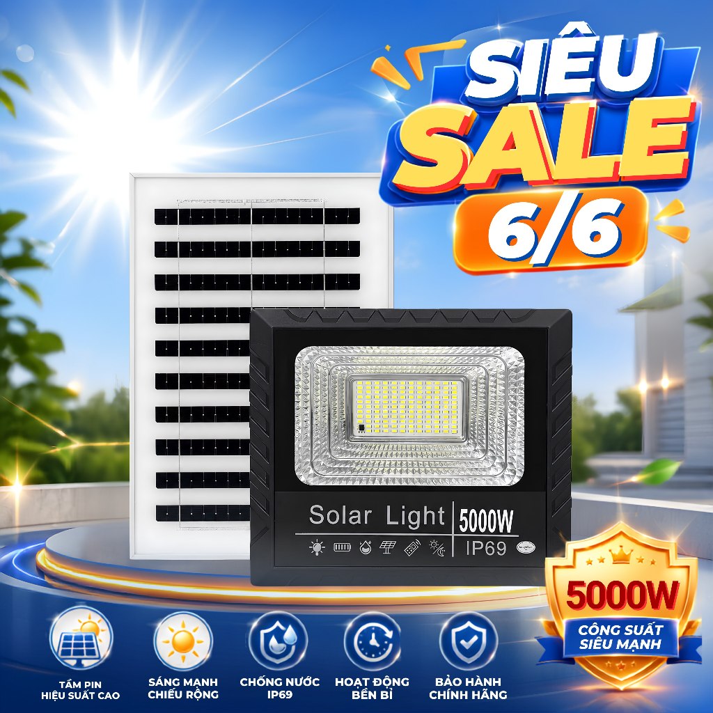 Đèn Năng Lượng Mặt Trời - Công Suất 5000W - Vỏ Nhựa ABS-Chống Nước IP69 - Không tốn tiền điện. An toàn Tự động bật/tắt