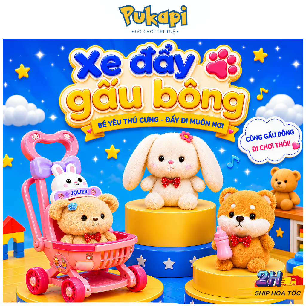 Đồ Chơi Xe Đẩy Búp Bê Gấu Bông Xe Nôi Gấu Dễ Thương Cho Bé - Đồ Chơi Cho Bé PUKAPI
