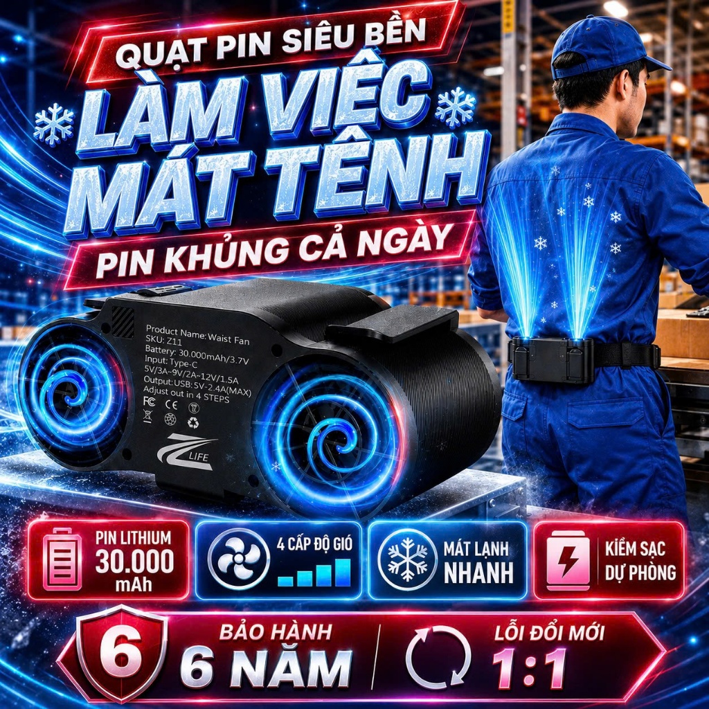 Quạt Đeo Thắt Lưng Điều Hoà Chính Hãng Zlife Z11 30000mAh, Quạt Tích Điện Đeo Hông, Đeo Cổ, Cầm Tay