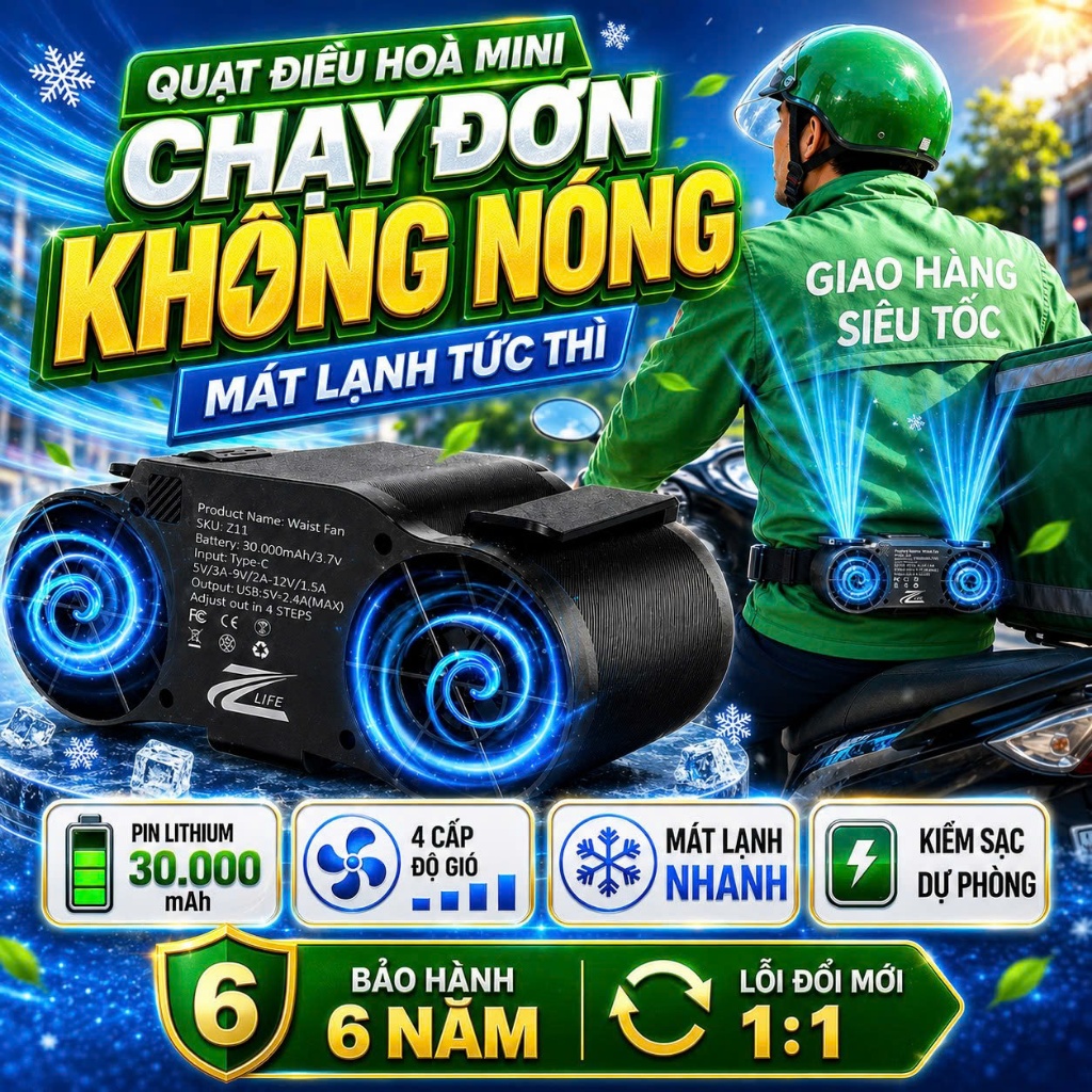 Quạt Đeo Thắt Lưng Cao Cấp Z11 Pin Trâu 30000mAh, Quạt Đeo Hông, Đeo Cổ, 2 Luồng Gió Mạnh