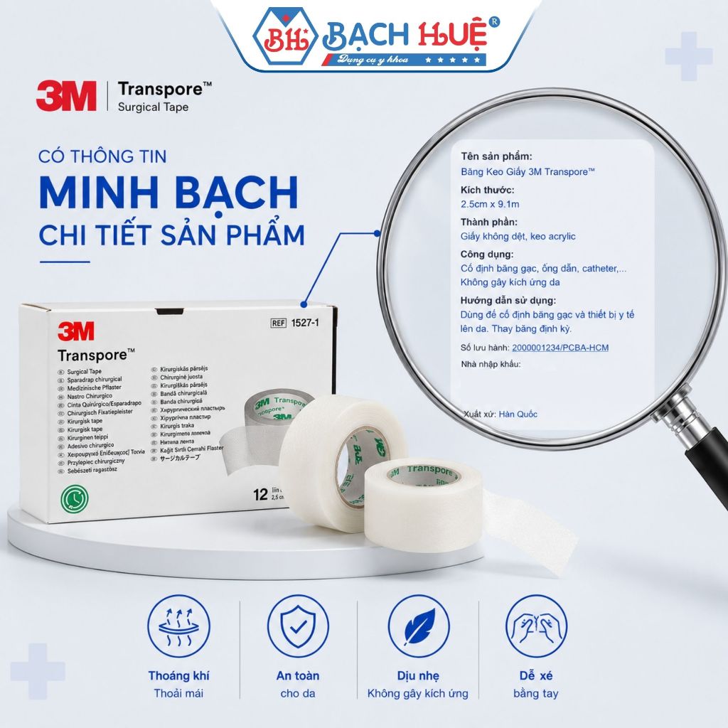 Hộp 12 Cuộn Băng Keo Y Tế 3M Transpore 1527-1 – băng dính y tế plastic trong suốt 2.5cm x 9.1m