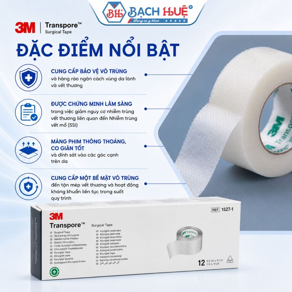 Hộp 12 Cuộn Băng Keo Y Tế 3M Transpore 1527-1 – băng dính y tế plastic trong suốt 2.5cm x 9.1m
