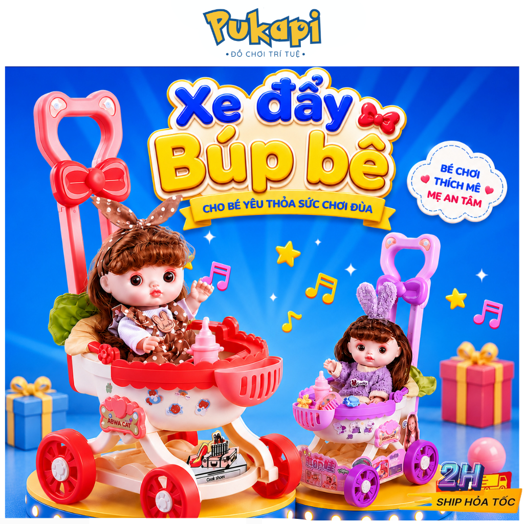 Đồ Chơi Xe Đẩy Búp Bê Kèm Phụ Kiện Chăm Sóc Búp Bê Xe Đẩy Cho Bé Dẫn Búp Bê Đi Dạo - Đồ Chơi Cho Bé PUKAPI