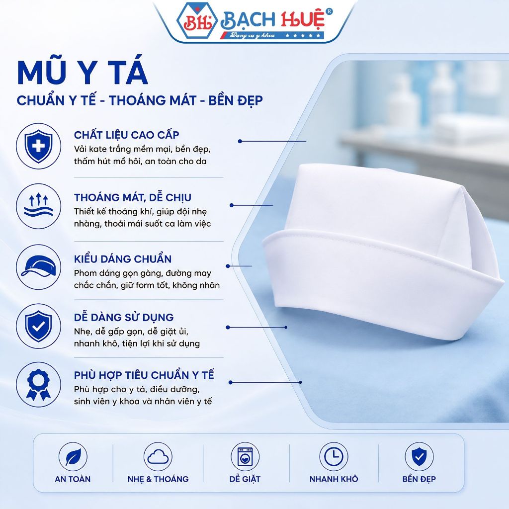 Nón Y Tá, Nón Điều Dưỡng Nữ Cao Cấp – mũ y tế vải kate trắng form rộng rãi co giãn thoải mái vừa vặn