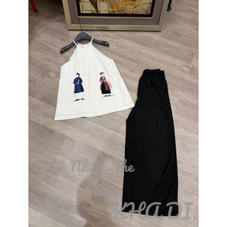 Sét áo yếm linen cổ cắt xẻ lạ mắt thêu Liền Anh Liền Chị + quần xuông lụa