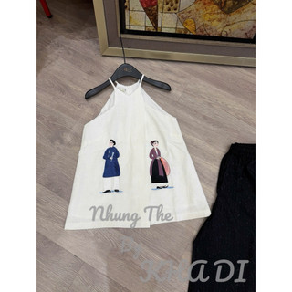 Sét áo yếm linen cổ cắt xẻ lạ mắt thêu Liền Anh Liền Chị + quần xuông lụa