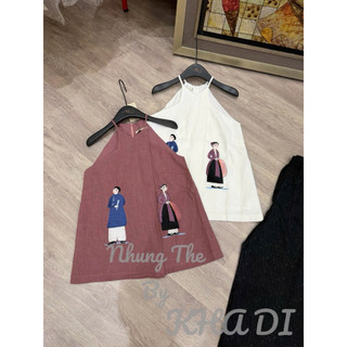Sét áo yếm linen cổ cắt xẻ lạ mắt thêu Liền Anh Liền Chị + quần xuông lụa