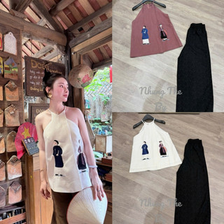 Sét áo yếm linen cổ cắt xẻ lạ mắt thêu Liền Anh Liền Chị + quần xuông lụa