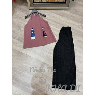 Sét áo yếm linen cổ cắt xẻ lạ mắt thêu Liền Anh Liền Chị + quần xuông lụa