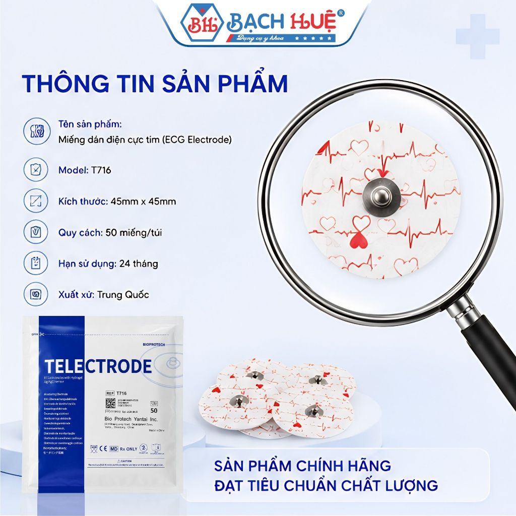 Miếng Dán Điện Cực Tim Telectrode T716 (Bịch 50 Miếng) – Điện Cực Máy Điện Tim ECG Electrode Cao Cấp
