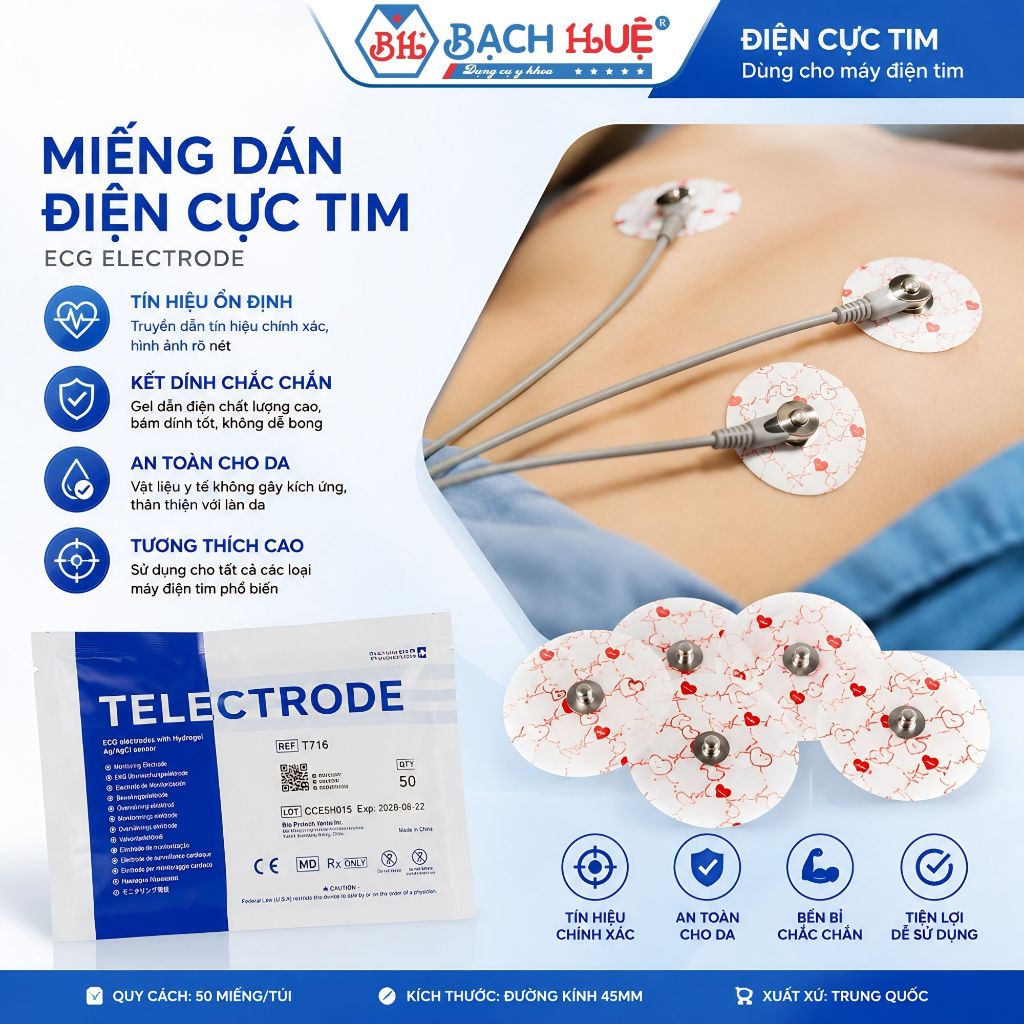 Miếng Dán Điện Cực Tim Telectrode T716 (Bịch 50 Miếng) – Điện Cực Máy Điện Tim ECG Electrode Cao Cấp