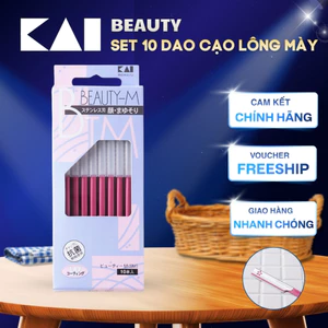 Set 10 dao cạo lông mày lông mặt KAI BEAUTY thân kim loại màu hồng có nắp nhựa bảo vệ