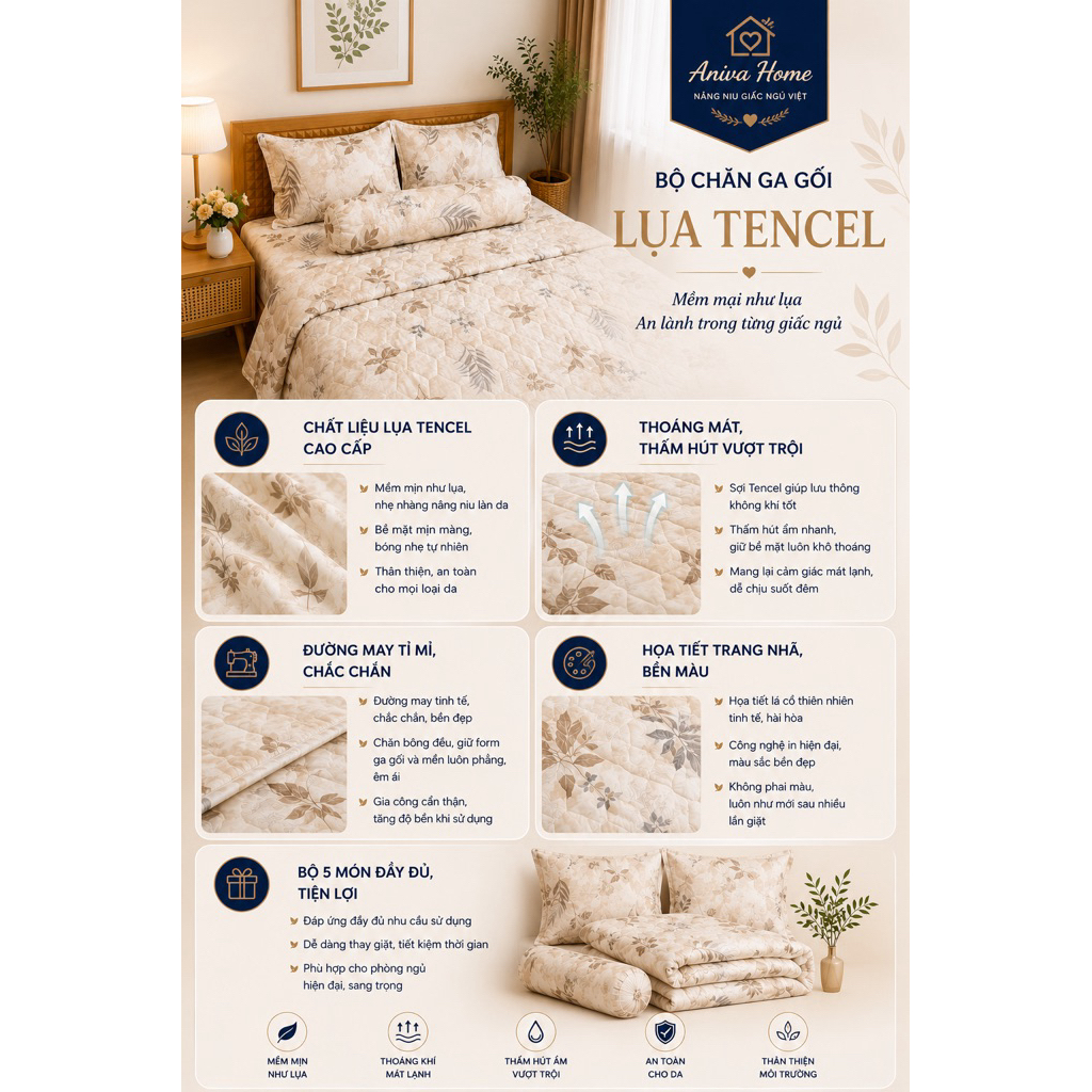 Bộ Chăn Ga Gối Lụa Tencel 1m8 Aniva Home 5 Món Cao Cấp Mềm Mịn Mát Lạnh Sang Trọng
