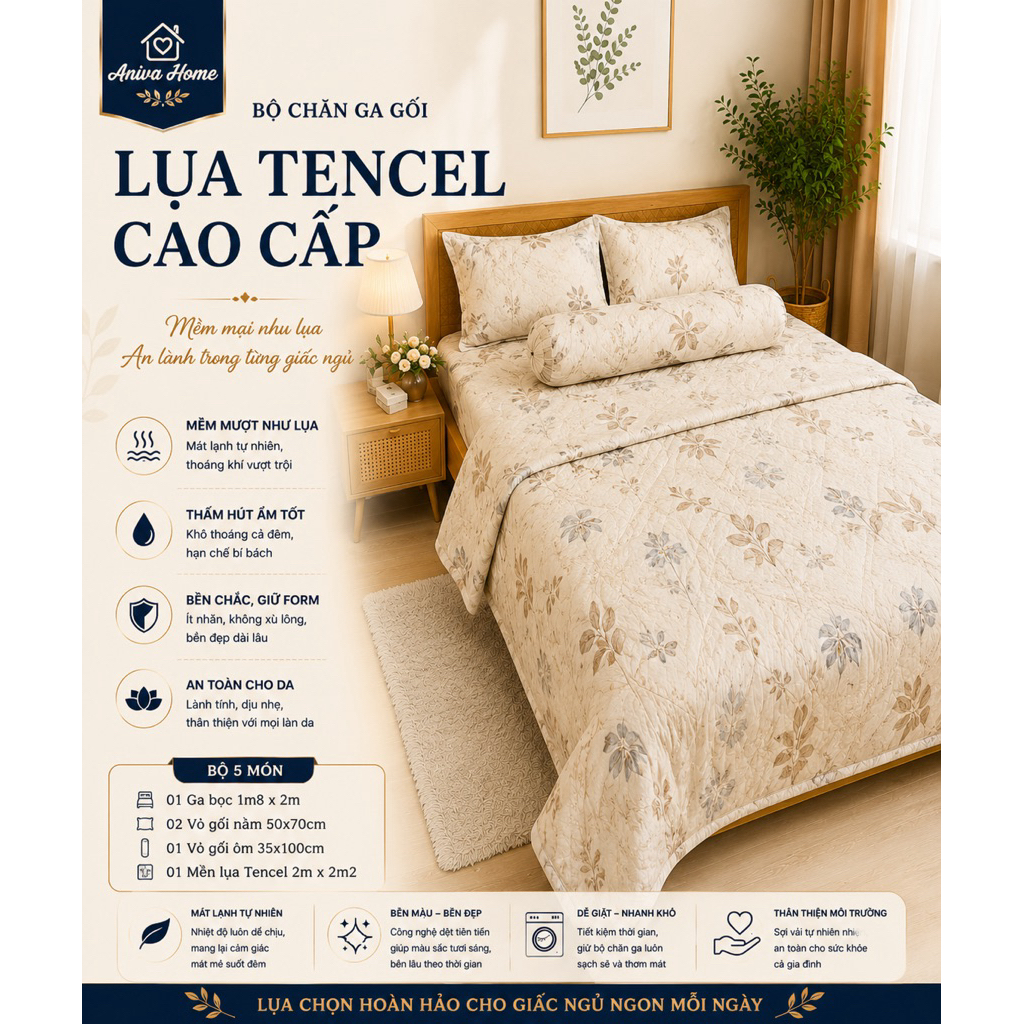 Bộ Chăn Ga Gối Lụa Tencel 1m8 Aniva Home 5 Món Cao Cấp Mềm Mịn Mát Lạnh Sang Trọng
