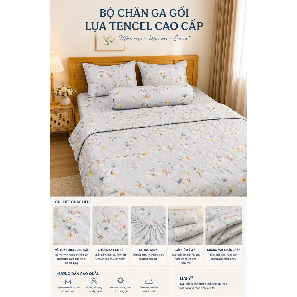 Bộ Chăn Ga Gối Lụa Tencel 1m8 Aniva Home 5 Món Cao Cấp Mềm Mịn Mát Lạnh Sang Trọng