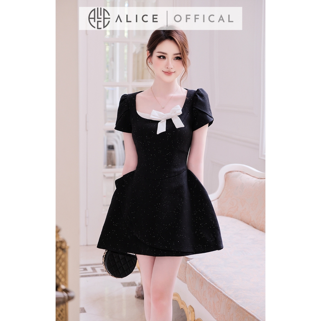Váy Dự Tiệc Chất Chéo Nhũ Alice Cao Cấp, Đầm Ngắn Chữ A Cổ Vuông Phối Nơ Trắng Nổi Bật V1475