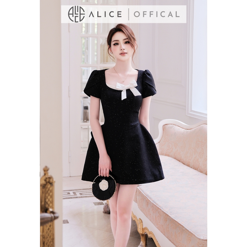 Váy Dự Tiệc Chất Chéo Nhũ Alice Cao Cấp, Đầm Ngắn Chữ A Cổ Vuông Phối Nơ Trắng Nổi Bật V1475