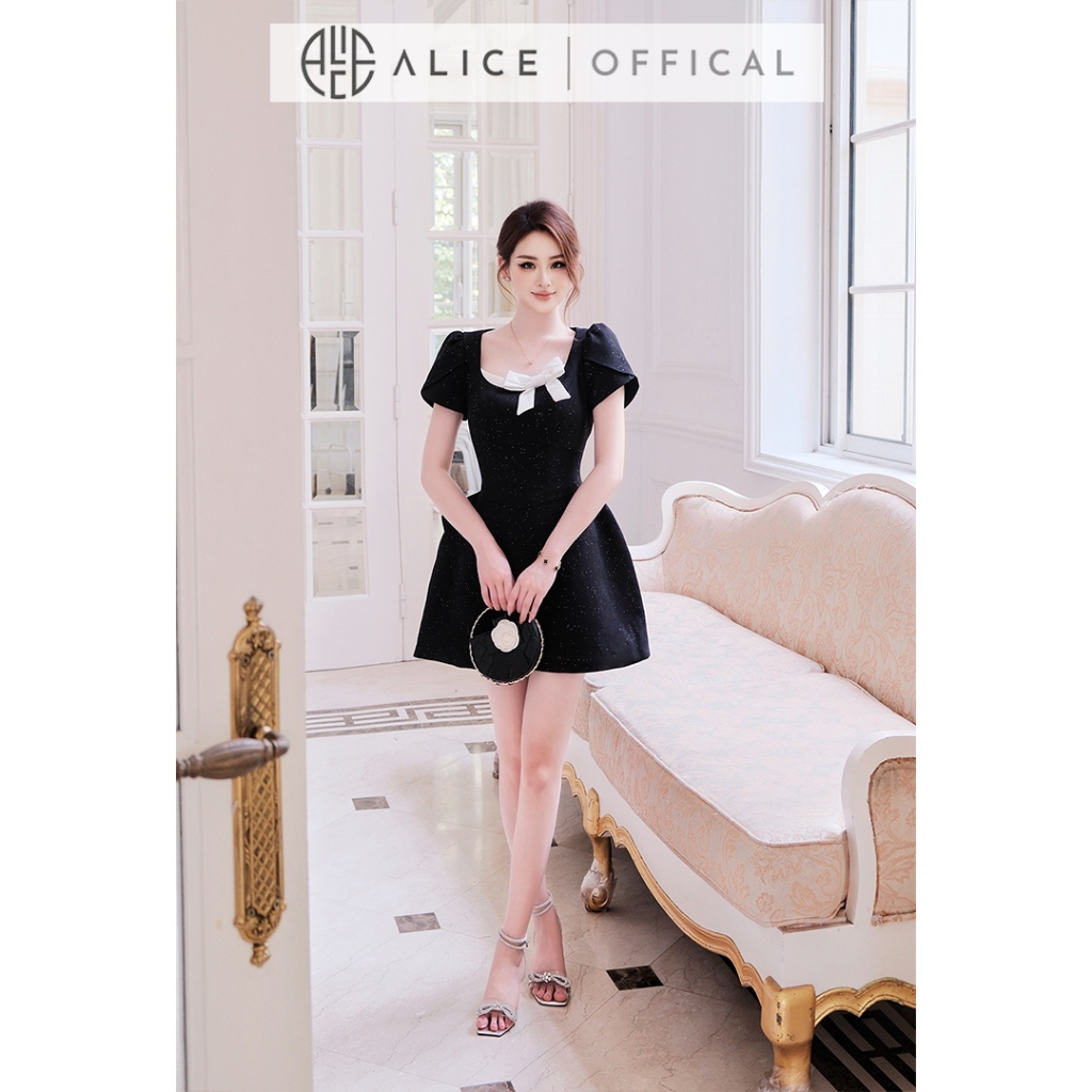 Váy Dự Tiệc Chất Chéo Nhũ Alice Cao Cấp, Đầm Ngắn Chữ A Cổ Vuông Phối Nơ Trắng Nổi Bật V1475
