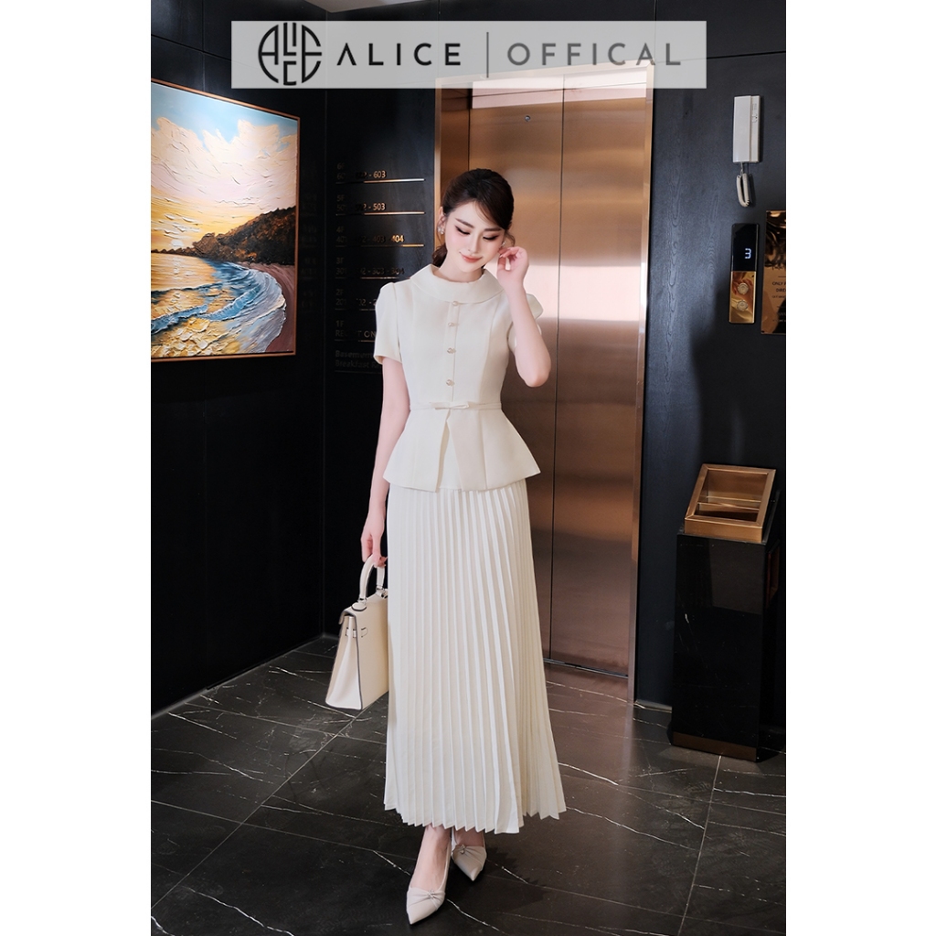 Set Váy Công Sở Thanh Lịch Alice Chất Chéo Nhật Lót Lụa, Áo Peplum Cổ Tròn Tay Bồng Phối Chân Váy Dập Li Dáng Dáng S1094