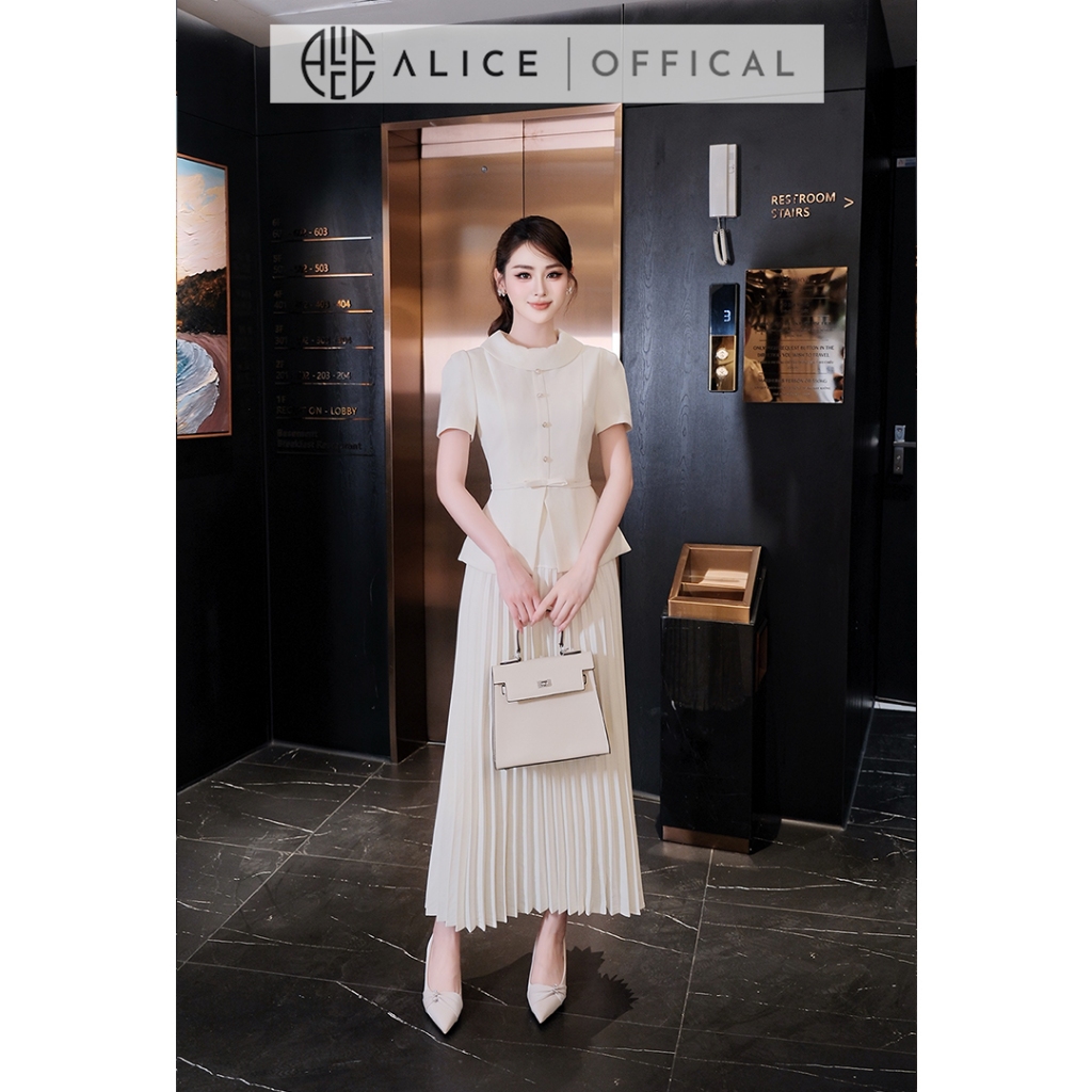 Set Váy Công Sở Thanh Lịch Alice Chất Chéo Nhật Lót Lụa, Áo Peplum Cổ Tròn Tay Bồng Phối Chân Váy Dập Li Dáng Dáng S1094