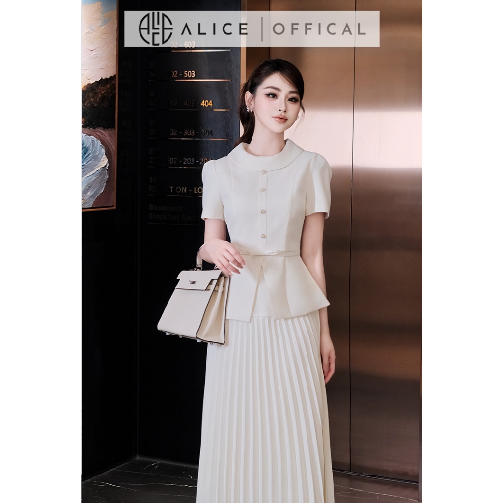Set Váy Công Sở Thanh Lịch Alice Chất Chéo Nhật Lót Lụa, Áo Peplum Cổ Tròn Tay Bồng Phối Chân Váy Dập Li Dáng Dáng S1094
