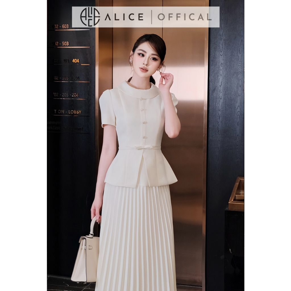 Set Váy Công Sở Thanh Lịch Alice Chất Chéo Nhật Lót Lụa, Áo Peplum Cổ Tròn Tay Bồng Phối Chân Váy Dập Li Dáng Dáng S1094