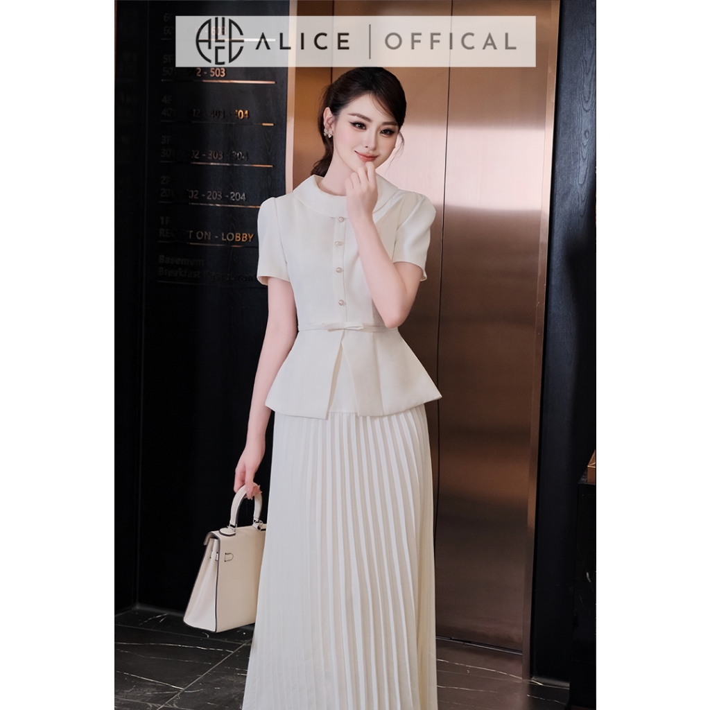 Set Váy Công Sở Thanh Lịch Alice Chất Chéo Nhật Lót Lụa, Áo Peplum Cổ Tròn Tay Bồng Phối Chân Váy Dập Li Dáng Dáng S1094