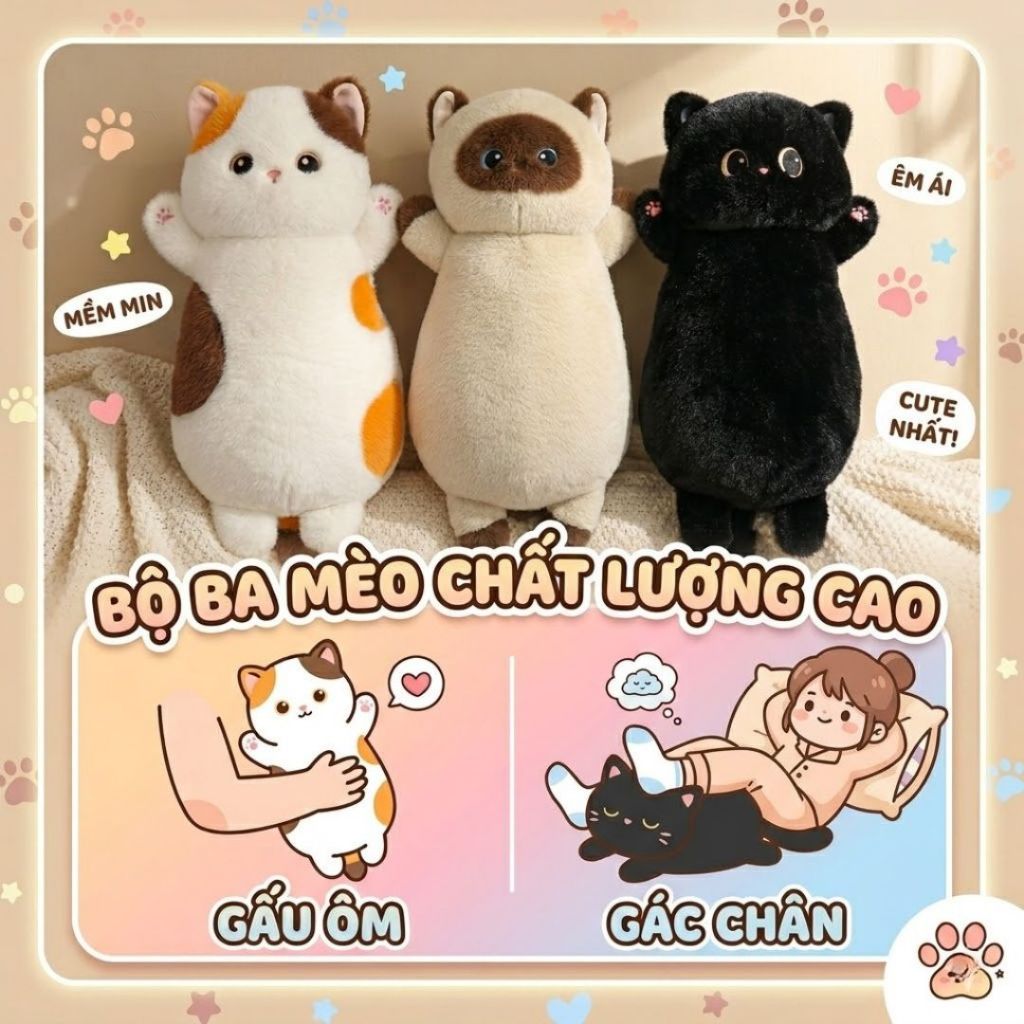 Gối Gấu Bông Hình Mèo Béo Dài Dễ Thương, Gối Ôm Mèo Mềm Mại Quà Tặng Cho Bé , Bạn Gái Ôm Ngủ