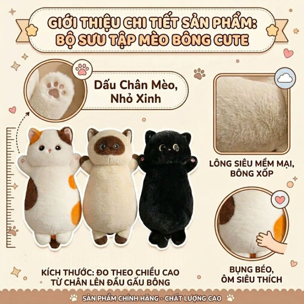 Gối Gấu Bông Hình Mèo Béo Dài Dễ Thương, Gối Ôm Mèo Mềm Mại Quà Tặng Cho Bé , Bạn Gái Ôm Ngủ