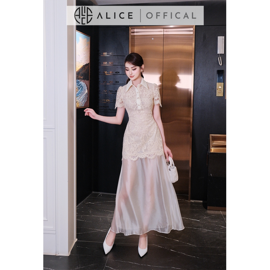 Váy Maxi Dự Tiệc Alice Cao Cấp, Đầm Dài Chất Ren Phối Tơ Ngọc Trai, Dáng Ôm Chiết Eo Cổ Sơ Mi V1476