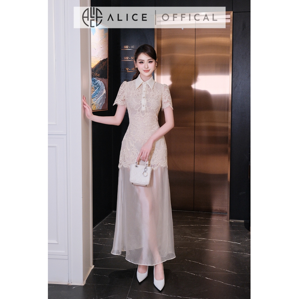 Váy Maxi Dự Tiệc Alice Cao Cấp, Đầm Dài Chất Ren Phối Tơ Ngọc Trai, Dáng Ôm Chiết Eo Cổ Sơ Mi V1476