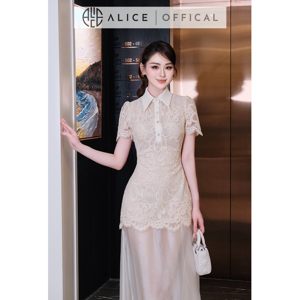 Váy Maxi Dự Tiệc Alice Cao Cấp, Đầm Dài Chất Ren Phối Tơ Ngọc Trai, Dáng Ôm Chiết Eo Cổ Sơ Mi V1476
