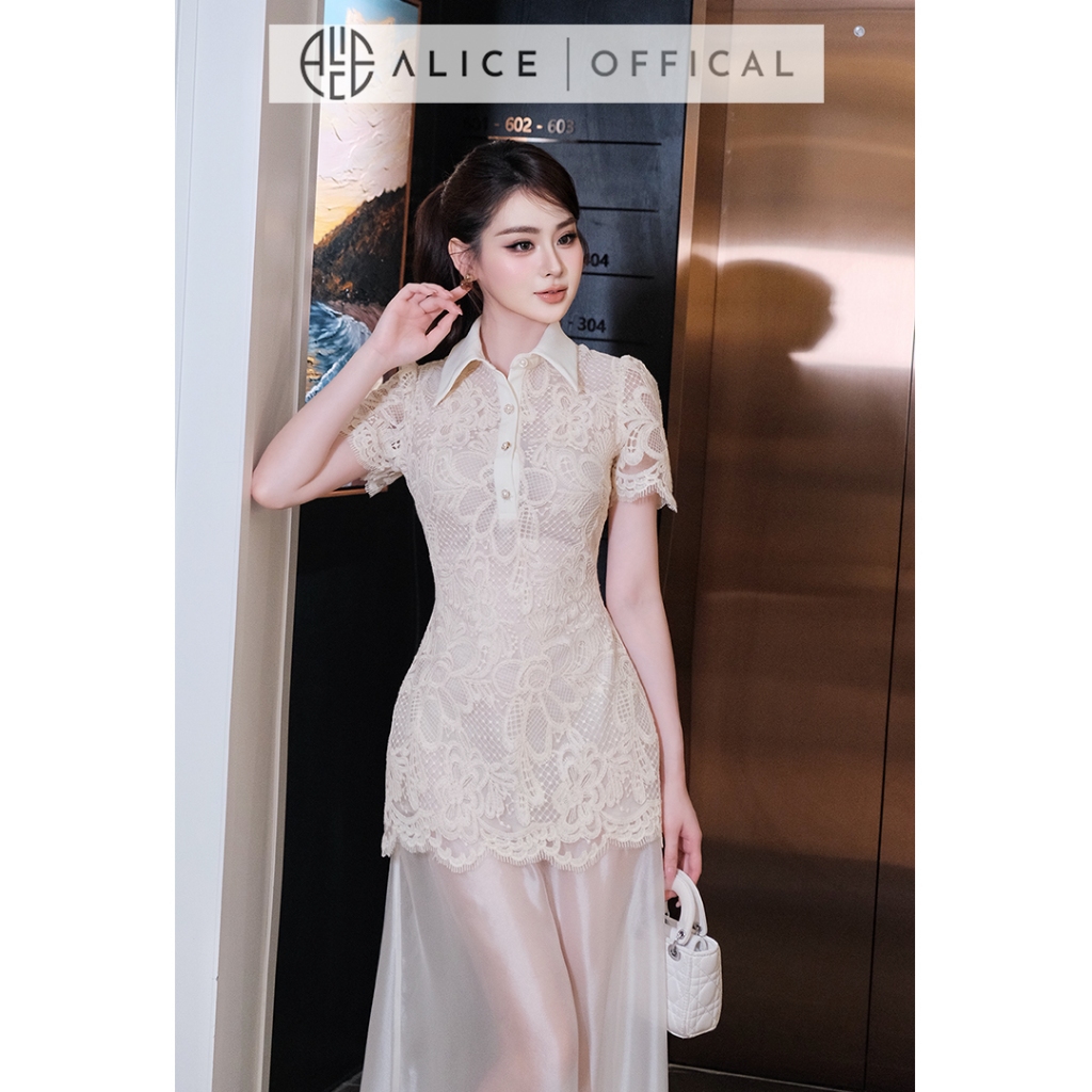 Váy Maxi Dự Tiệc Alice Cao Cấp, Đầm Dài Chất Ren Phối Tơ Ngọc Trai, Dáng Ôm Chiết Eo Cổ Sơ Mi V1476