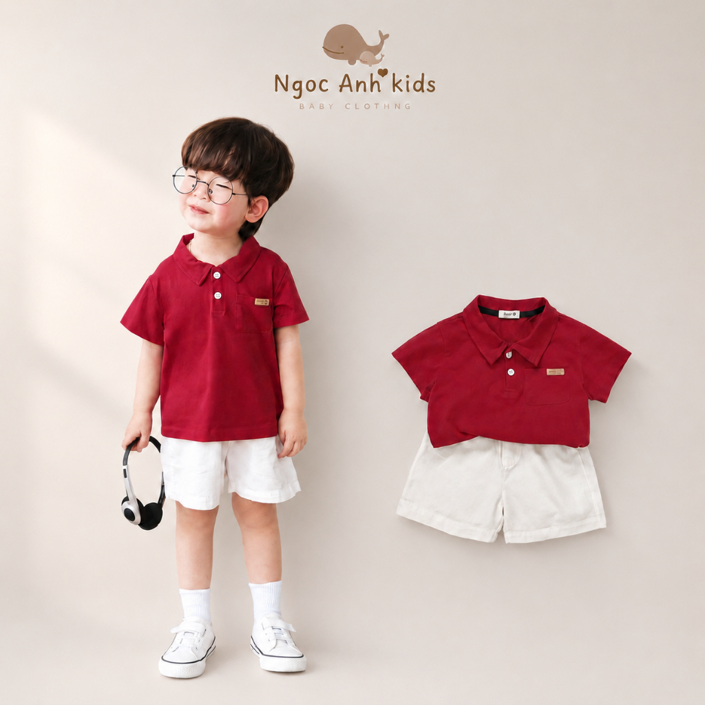 Bộ bé trai áo polo đỏ đô phối quần short trắng, set áo thun cổ đức cộc tay mềm mát phong cách Hàn Quốc