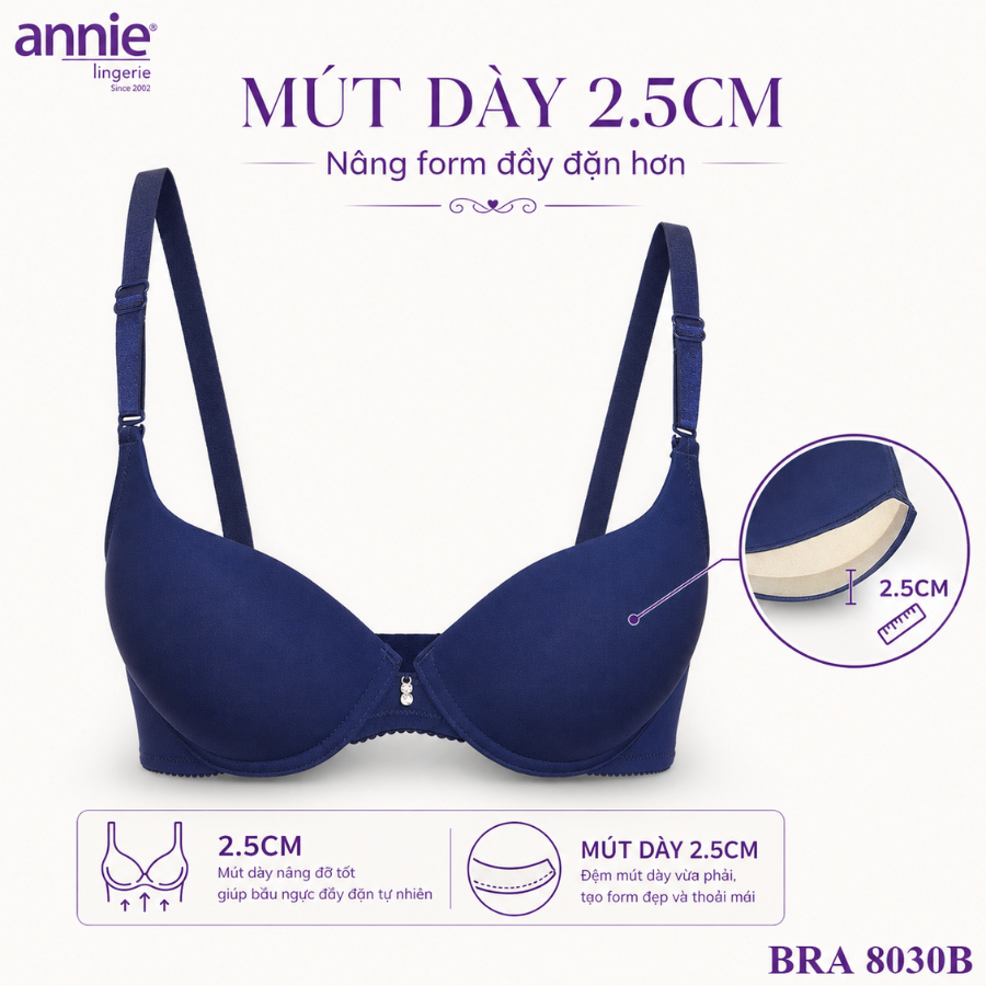 annie Áo Lót Nâng Ngực Mút Dày 2.5cm BRA8030B, Nâng Ngực Có Gọng Tạo Khe Tự Nhiên Chất Thun Cao Cấp