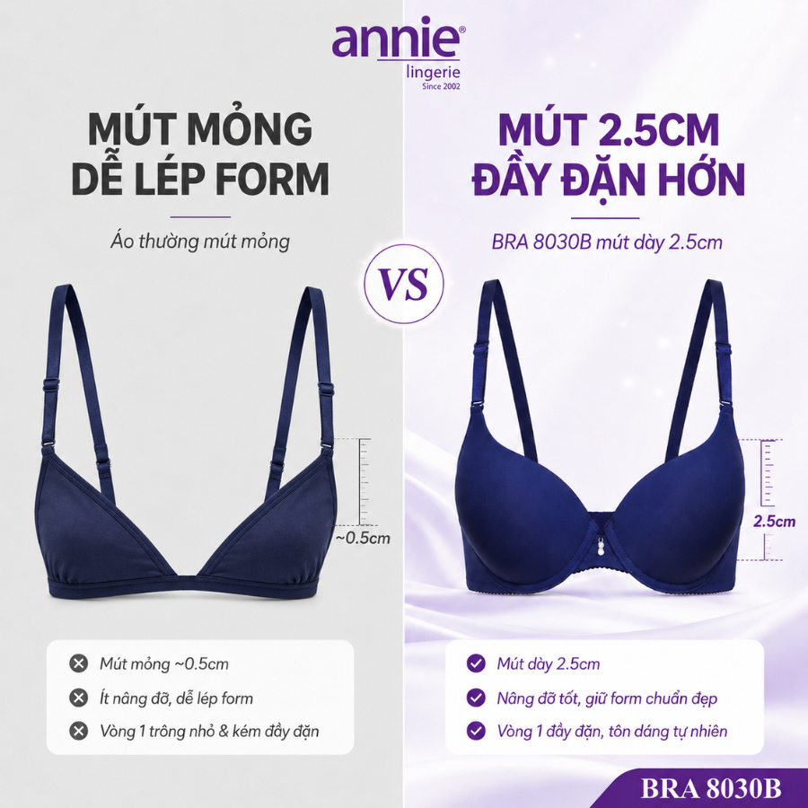annie Áo Lót Nâng Ngực Mút Dày 2.5cm BRA8030B, Nâng Ngực Có Gọng Tạo Khe Tự Nhiên Chất Thun Cao Cấp