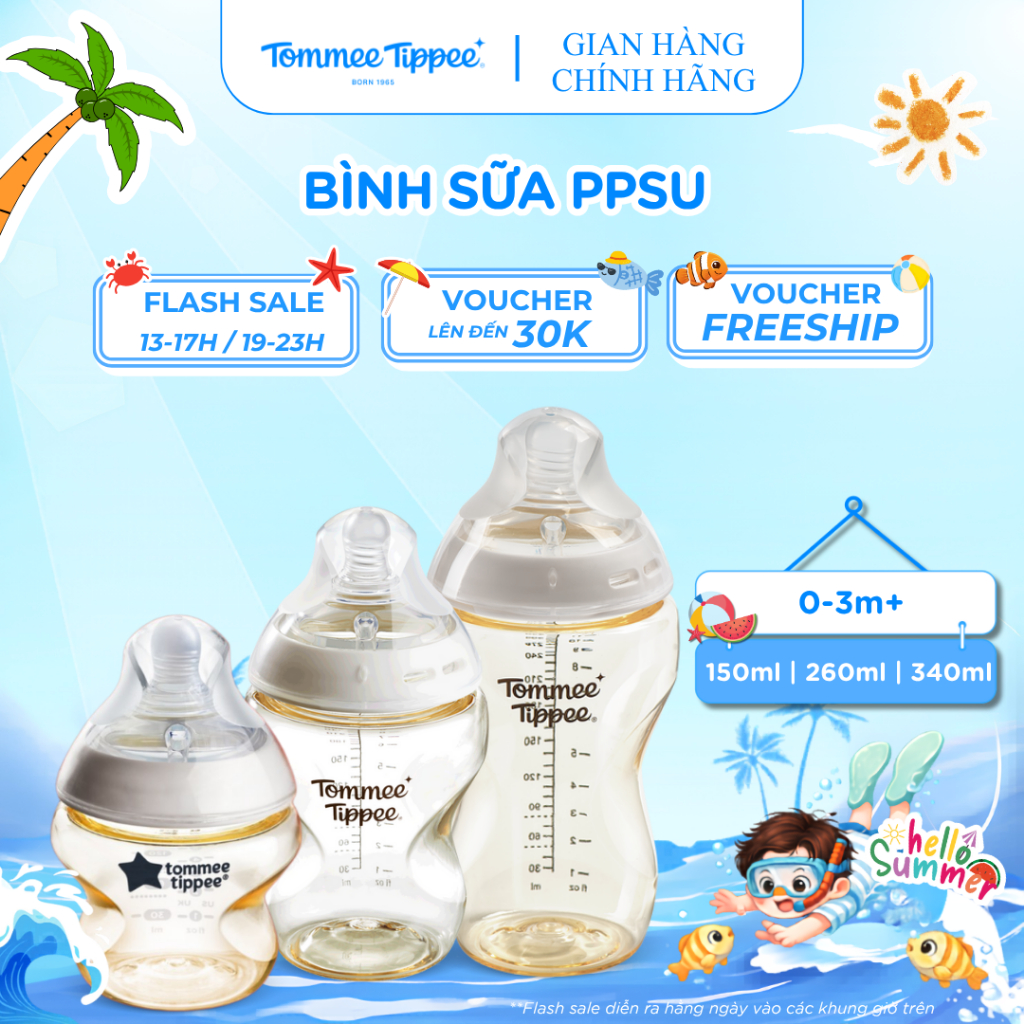 Bình Sữa PPSU Ty Siêu Mềm Tự Nhiên Tommee Tippee Natural Start 150ml, 260ml,340ml Cho Bé Từ Sơ Sinh