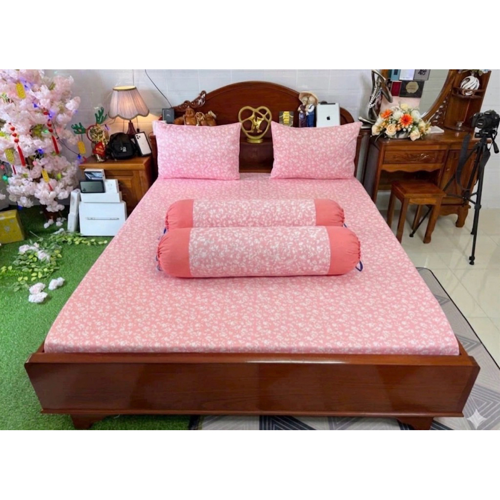 BỘ GA THUN LẠNH có 2 áo ôm dây cột LÁ NHÍ HỒNG