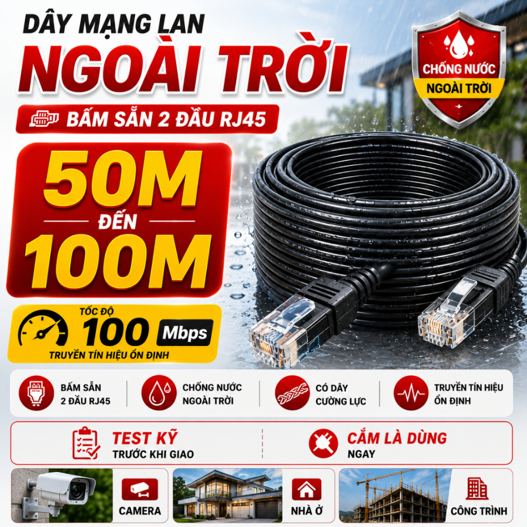 Dây Mạng LAN Ngoài Trời Bấm Sẵn 2 đầu RJ45, Chống Nhiễu- Có Dây Cường Lực đủ kích thước từ 50M- 110M