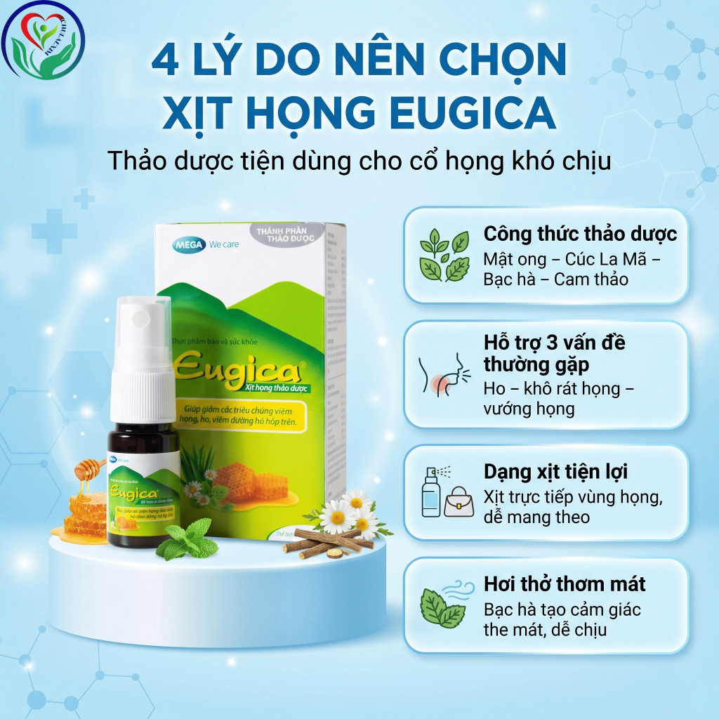 Xịt họng Eugica 10ml thảo dược hỗ trợ giảm ho khan, ho gió, dịu rát họng