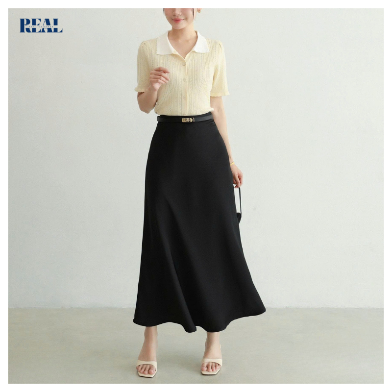 Chân váy lụa dài dáng xòe nhẹ REAL CLOTHES (tổng hợp màu), vải phi lụa mềm mát, sang trọng