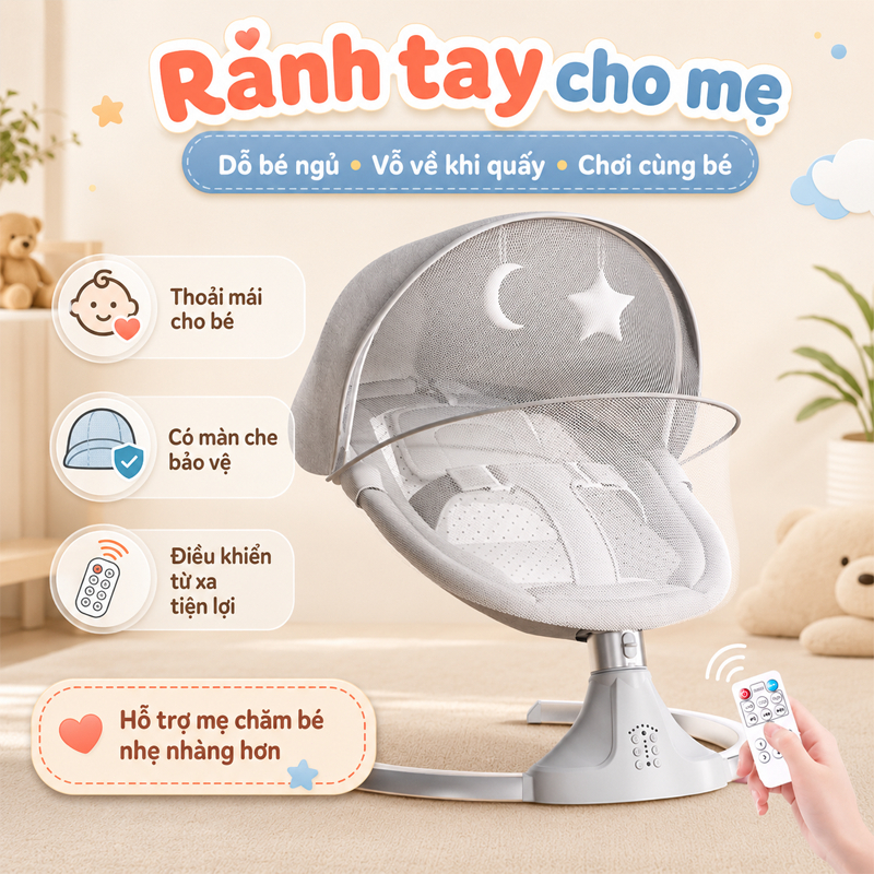 Nôi điện cho bé, nôi điện sơ sinh,điều chỉnh lưng,tăng chỉnh nhanh chậm 5 chế độ,Có điều khiển từ xa