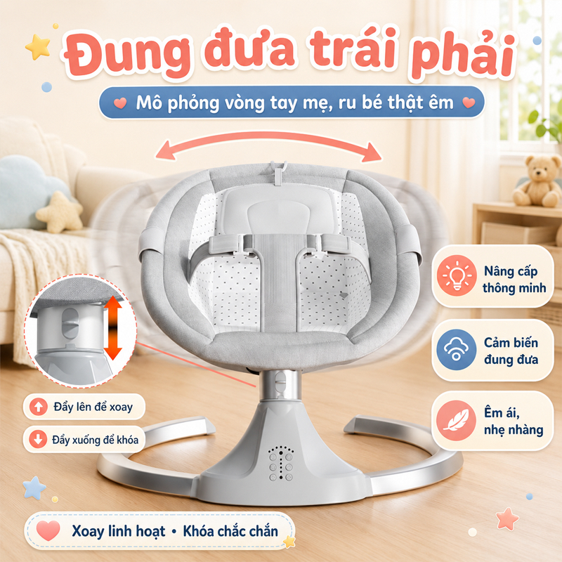 Nôi điện cho bé, nôi điện sơ sinh,điều chỉnh lưng,tăng chỉnh nhanh chậm 5 chế độ,Có điều khiển từ xa