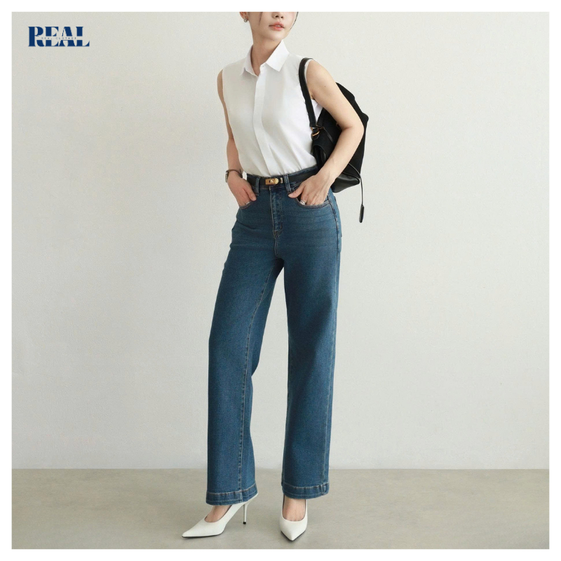 Quần suông Jeans nữ lưng cao ống đứng REAL CLOTHES (tổng hợp màu), co giãn thoải mái