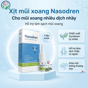 Xịt mũi xoang Nasodren 50mg hỗ trợ làm sạch dịch nhầy, giảm khó chịu vùng mũi xoang