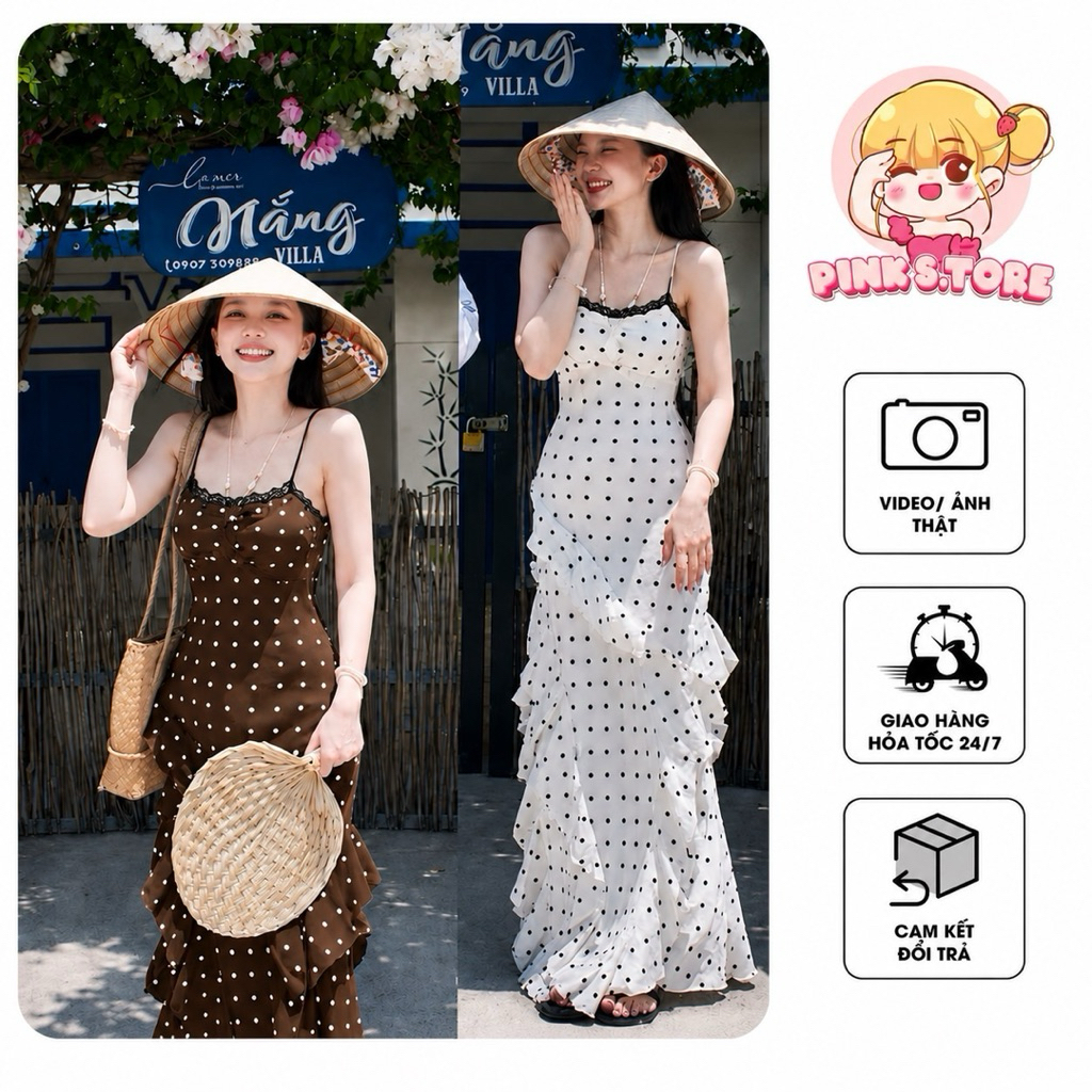 VÁY MAXI 2 DÂY CHẤM BI PHỐI REN TUA BÈO ĐI BIỂN HOT HIT KIỂU PHÁP by PINKS.tore