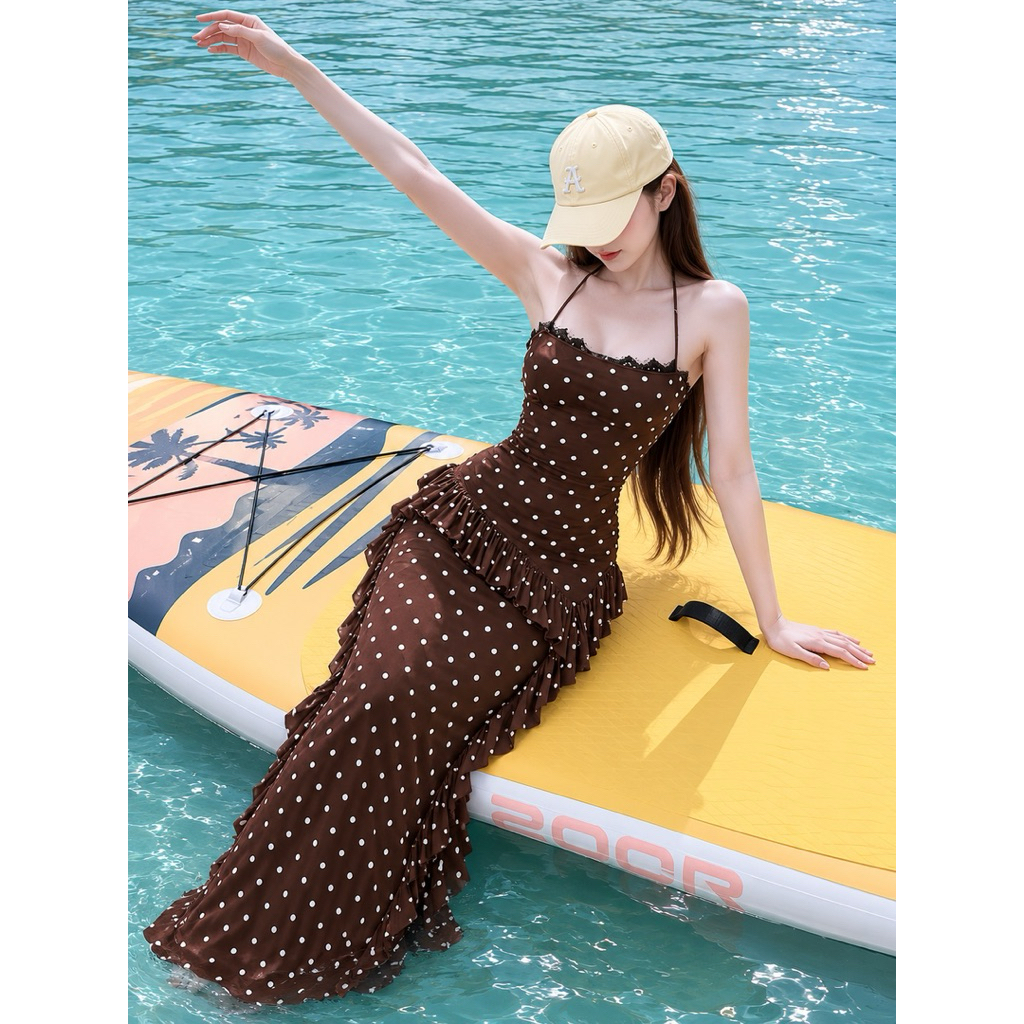VÁY MAXI 2 DÂY CHẤM BI PHỐI REN TUA BÈO ĐI BIỂN HOT HIT KIỂU PHÁP by PINKS.tore